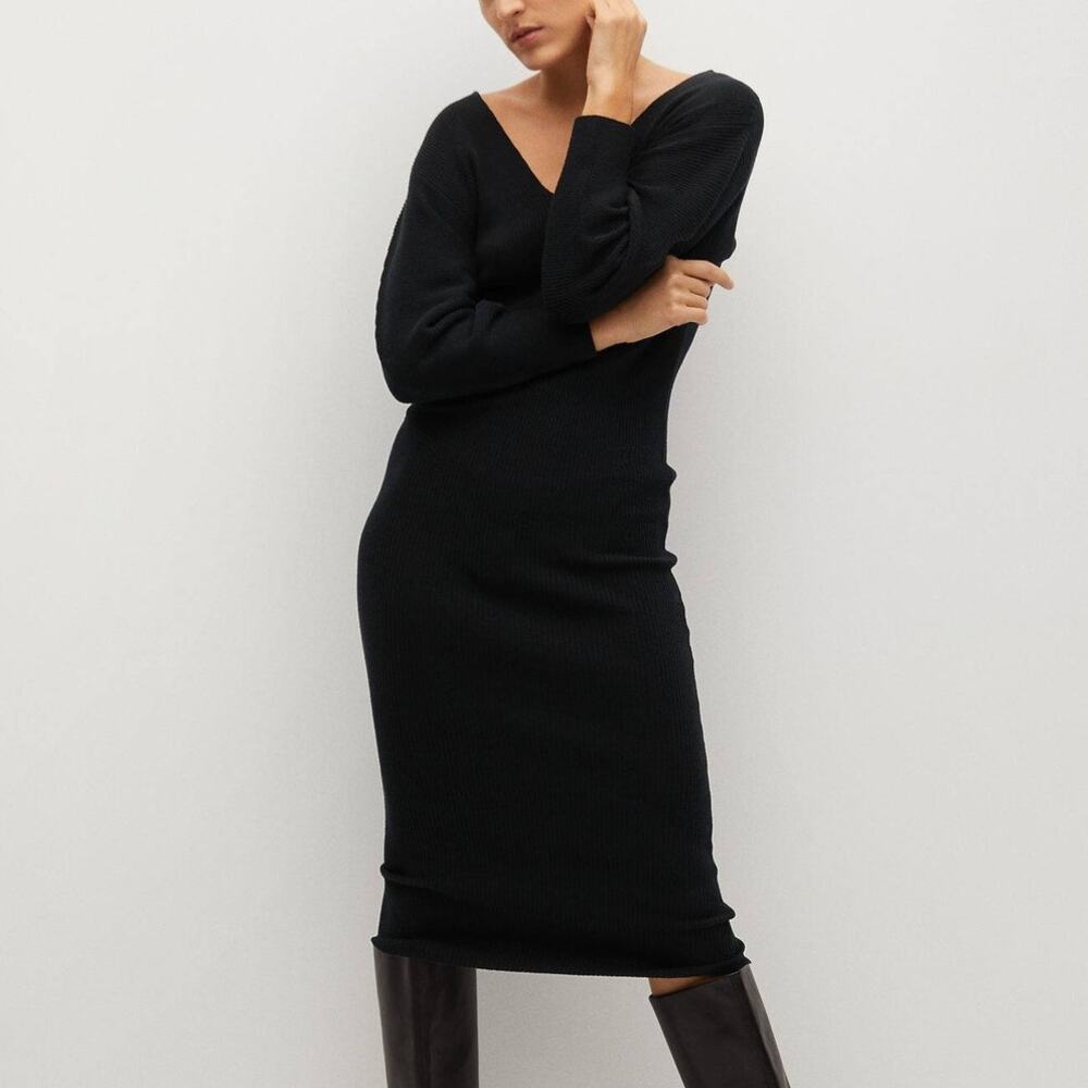 MNG Mango 6 Black Knitted Dress knee length‎ V-Neck